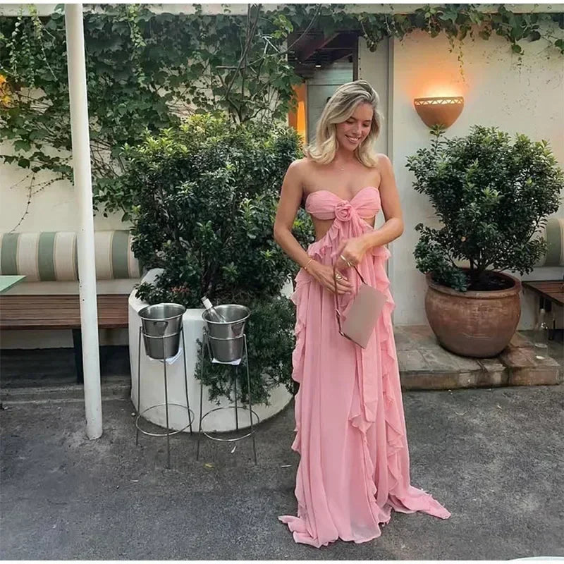 Robe longue chic printemps femme ajourée fleur 3D ourlet à volants élégante épaule dénudée dos nu Robe de soirée Street Party 2025 Nouvelle collection