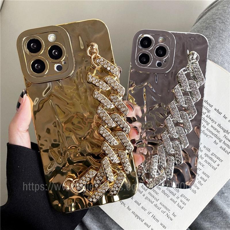 Bracelet Électroplaqué Plaqué Or de Luxe Compatible avec Coque iPhone Diamant Mignonne Étincelante de Luxe Paillettes Strass Coque Téléphone Pour iPhone 14 13 Promax 11 12 Pro Max Mini Xs Max XR 8 7 Plus Housse Miroir
