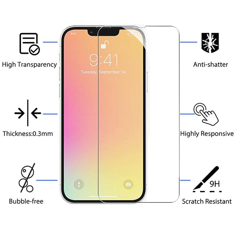 4 Films de protection en verre trempé pour iPhone 11 12 13 14 Pro XR X XS Max Protecteur d'écran pour iPhone 12 Pro Max Mini 7 8 6 6S Plus SE Verre trempé Installation facile du cadre Film de protection HD ultra-mince