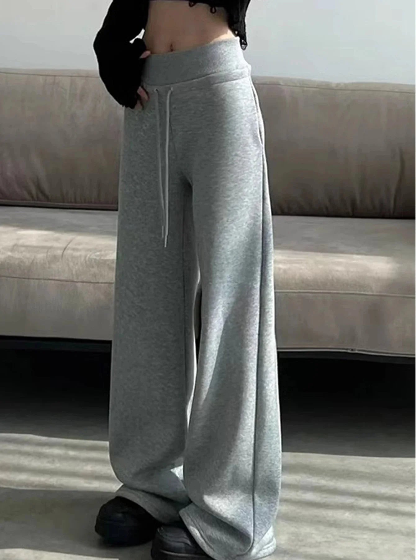 Pantalon droit ample taille haute gris pour femme