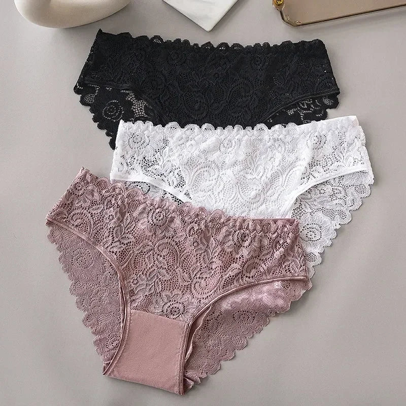 Lot de 3 slips de luxe en dentelle brodée florale pour femme, culottes sexy ajourées, lingerie féminine, sous-vêtements respirants pour femme