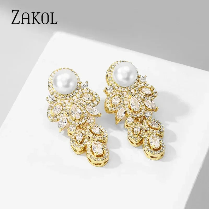 ZAKOL Nouvelle Mode CZ Zircon Cristal Feuille Dangle Boucles d'Oreilles pour Femmes Luxe De Mariage De Mariée Partie Bijoux
