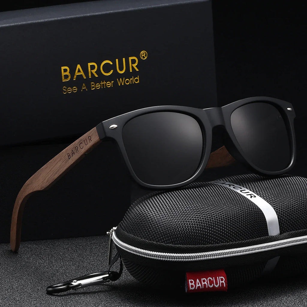 BARCUR Lunettes de soleil polarisées en noyer noir pour homme Protection solaire UV400 Monture en bois Verres polarisés Présentées dans une boîte originale de la marque pour l'été