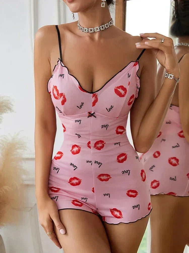 Pyjama une pièce pour femme, pyjama à lèvres rouges imprimées, sans manches, barboteuse courte, pyjama amusant pour adultes, col en V, bretelles, body
