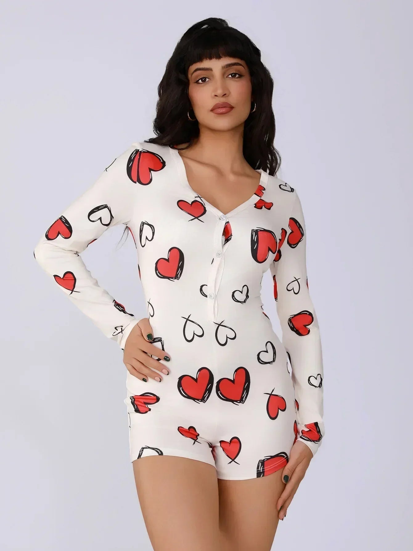Combinaison une pièce pour femme, pyjama sexy pour fille, imprimé numérique cœur, ensemble manches courtes, short, vêtement d'intérieur