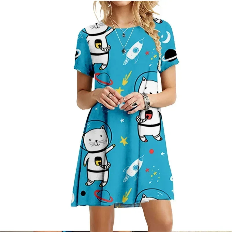 Robe imprimée chats peints, manches courtes, style kawaii pour femme, collection été 2022, col rond, décontractée, ample