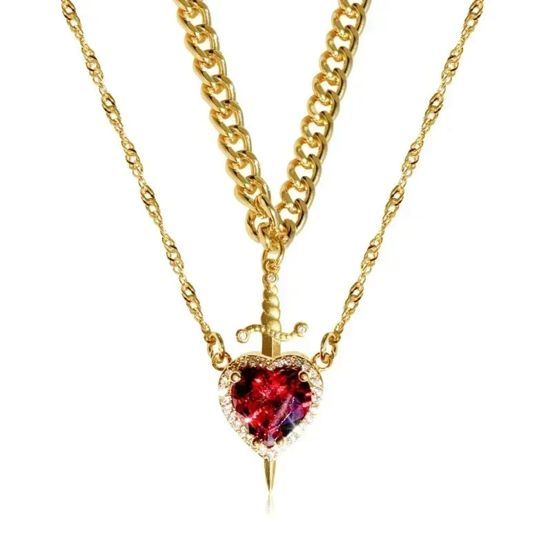 Parure de 2 colliers cœur et épée - Colliers de couple en ACIER INOXYDABLE plaqué or 18 carats avec cristaux pour femme, homme, petit ami, petite amie