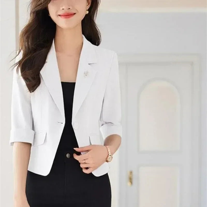 Blazer court noir pour femme – Veste slim de bureau – Design haut court printemps été – Manteaux décontractés pour femme – Un bouton