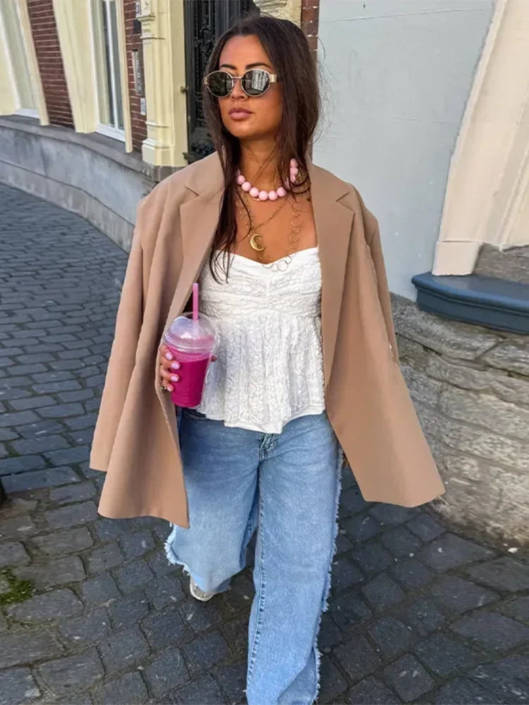 Veste de costume col V boutonnée sur le côté pour femme Manches longues couleur unie Manteaux Poignets poches Hauts oversize Vêtements féminins style urbain