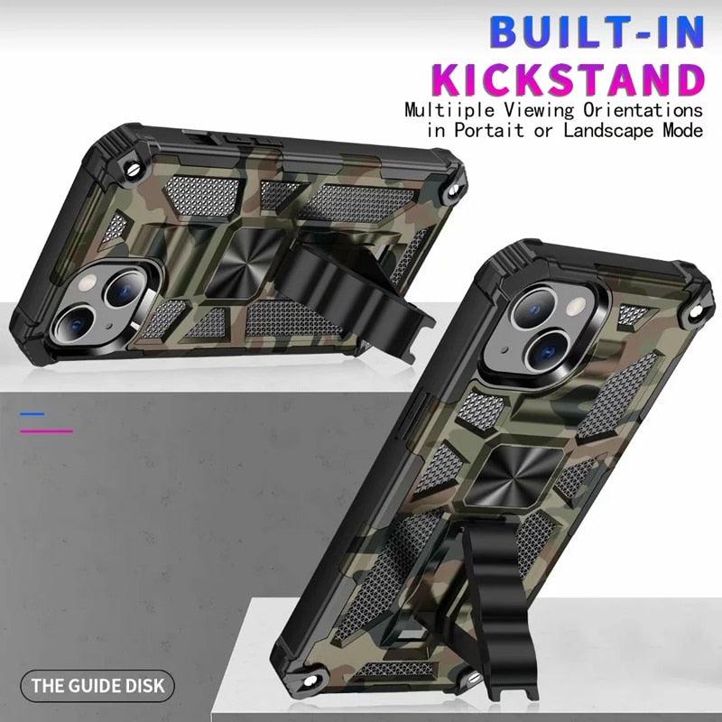 Coque magnétique antichoc durable vert armée compatible iPhone 14 pour iPhone 14 Pro Max 14 Plus 11 12 13 Pro Max XS Housse de protection de téléphone robuste Armure Camouflage