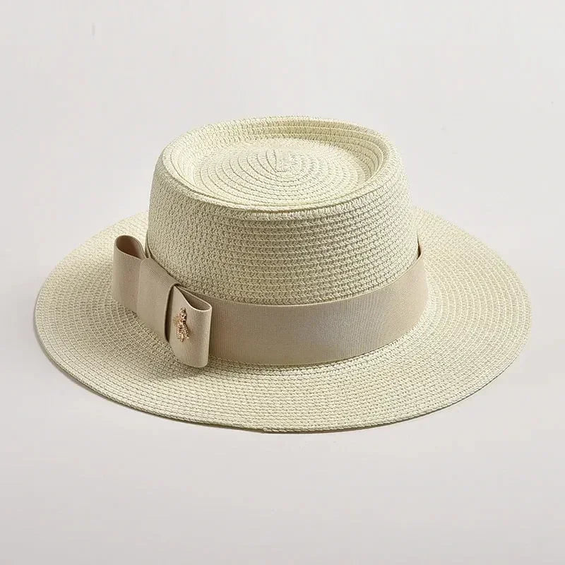 NOUVEAUX Chapeaux de paille Printemps Été pour femmes Surface ronde bosselée Dessus plat Nœud Papillon Robe Casquette Voyage Plage Soleil Chapeau Gorra