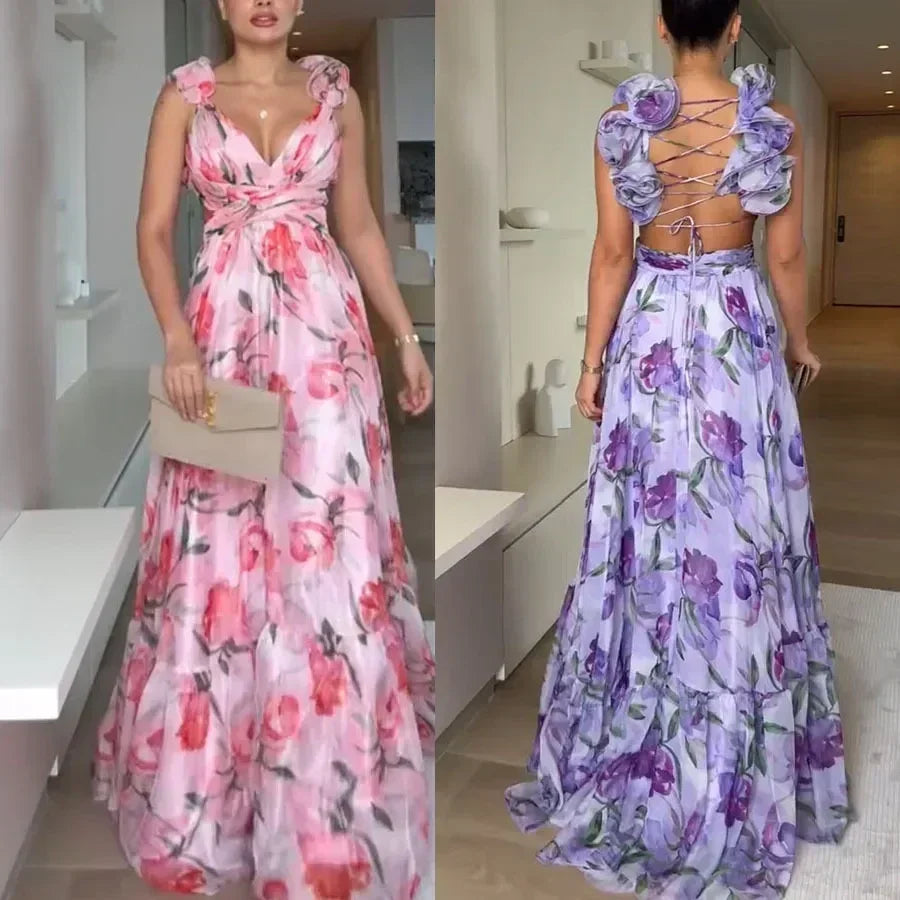 Robe longue en mousseline de soie imprimée sexy 2025, mode estivale, élégante, col en V, volants, coupe ajustée, sans manches, dos nu, robes de soirée pour les vacances