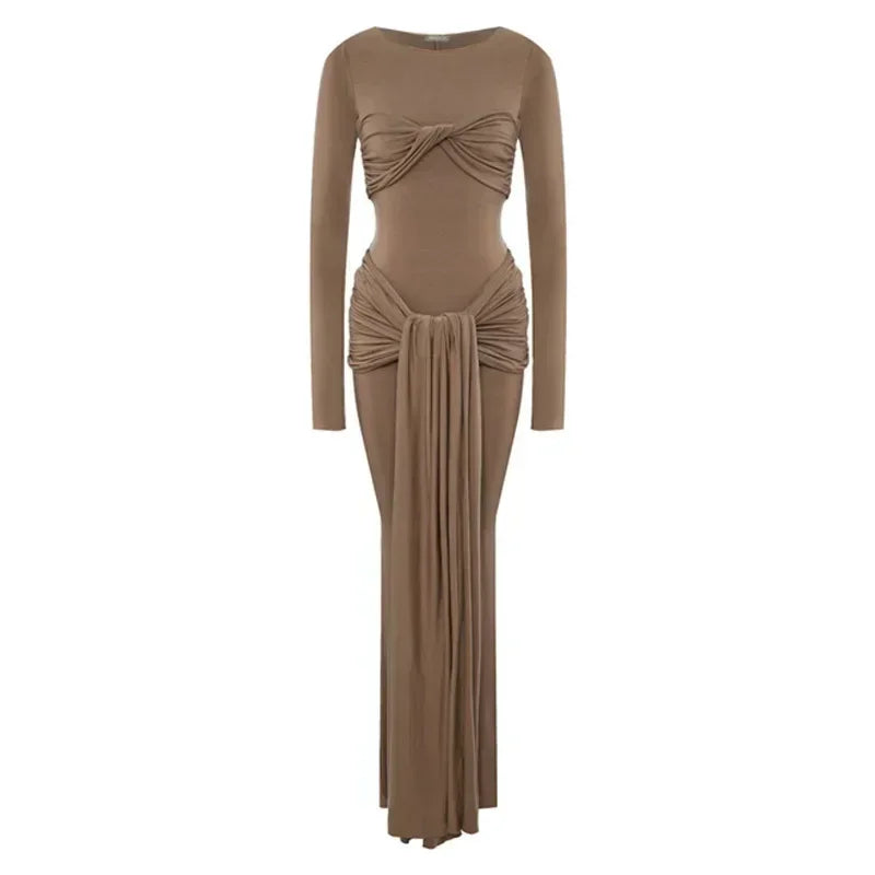 Robe longue plissée sexy pour femme Y2K, robe moulante de rue d'automne, robe patchwork torsadée à manches longues unies pour femme