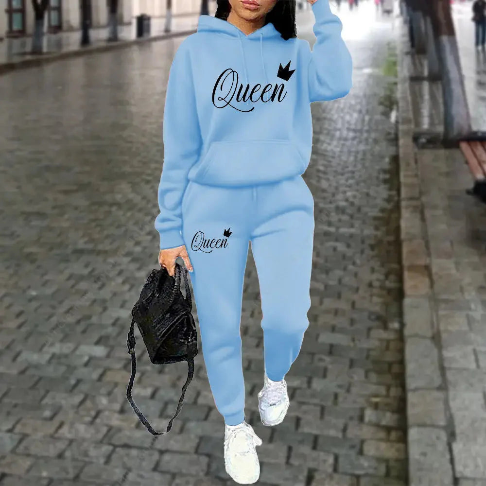 Ensemble de survêtement 2 pièces à capuche et pantalon pour femme avec motif « Queen »