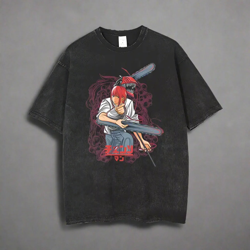 🪚 T-Shirt Graphique Vintage Délavé Chainsaw Man – Streetwear Harajuku
