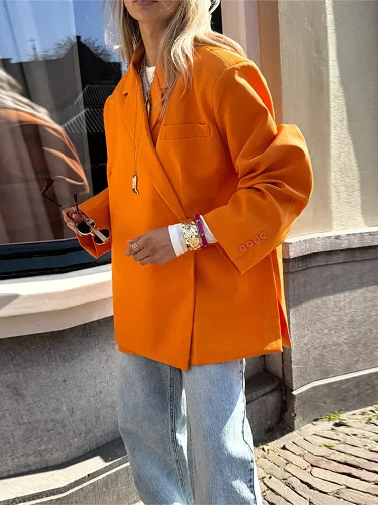 Veste de costume col V boutonnée sur le côté pour femme Manches longues couleur unie Manteaux Poignets poches Hauts oversize Vêtements féminins style urbain