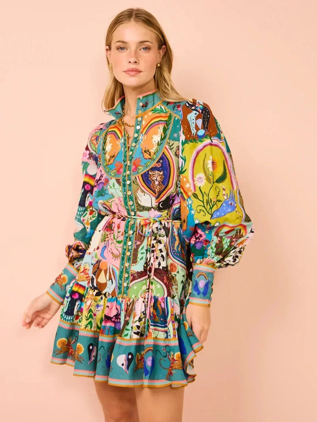 Robe cardigan plissée rétro à col rond imprimé 2025 avec taille cintrée, bretelles et ourlet volanté, polyvalente et élégante