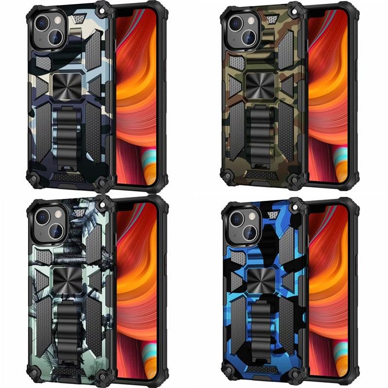 Coque magnétique antichoc durable vert armée compatible iPhone 14 pour iPhone 14 Pro Max 14 Plus 11 12 13 Pro Max XS Housse de protection de téléphone robuste Armure Camouflage