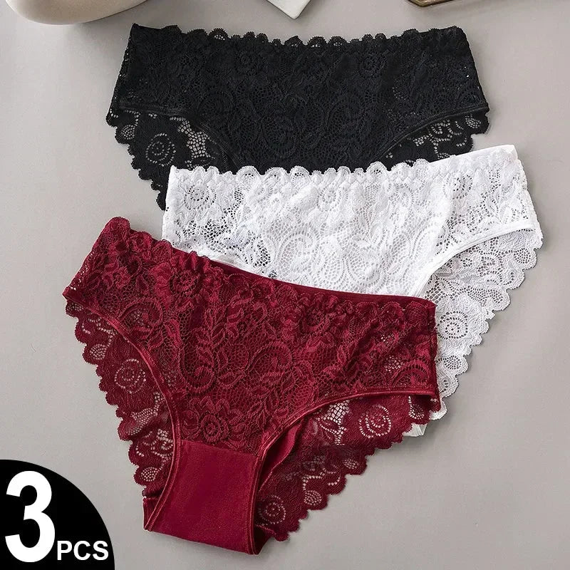 Lot de 3 slips de luxe en dentelle brodée florale pour femme, culottes sexy ajourées, lingerie féminine, sous-vêtements respirants pour femme