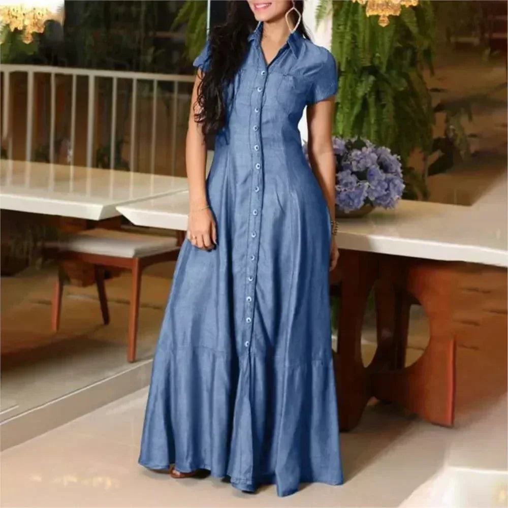 Robe Chemise en Jean Ample à Simple Boutonnage, Robe Décontractée à Manches Courtes avec Poches et Revers, Épissures et Grande Balançoire, Couleur Unie pour Femme, Nouvelle Collection 2024