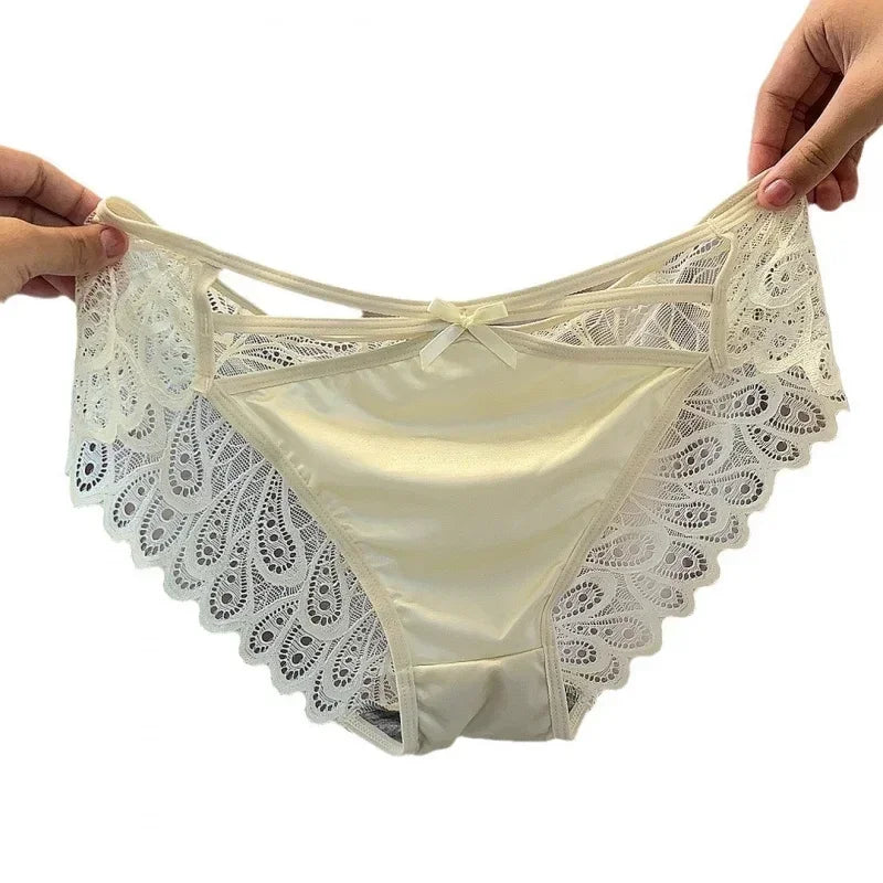 Short en soie grande taille pour femme, sexy, en dentelle évidée, respirant, culotte en satin