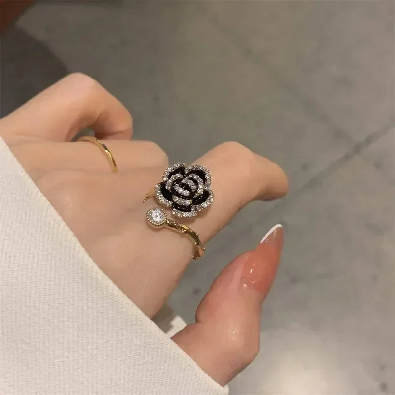 Bagues Ouvrantes en Métal en Forme de Rose Noire pour Femme Fille, Mode Luxe, Zircon Réglable, Bagues d'Index, Bijoux de Fête