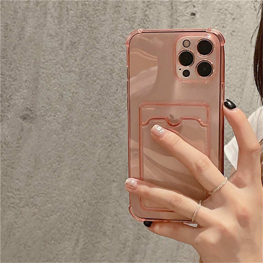 Étui transparent porte-cartes pour iPhone 13 11 12 14 Pro Max Mini Coque souple antichoc transparente avec porte-cartes Étui de téléphone transparent avec porte-cartes Coque fine de protection souple antichoc avec porte-cartes