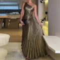 Robe longue plissée évidée sexy et symétrique, robe de soirée pour femme à col asymétrique et taille haute, robe de soirée unie élégante et pleine de tempérament