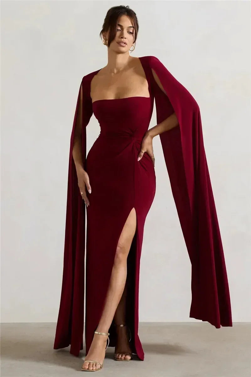 Mozision Robe longue fendue à manches cape pour femme, élégante robe de soirée longue à col carré, couleur unie, nouvelle collection