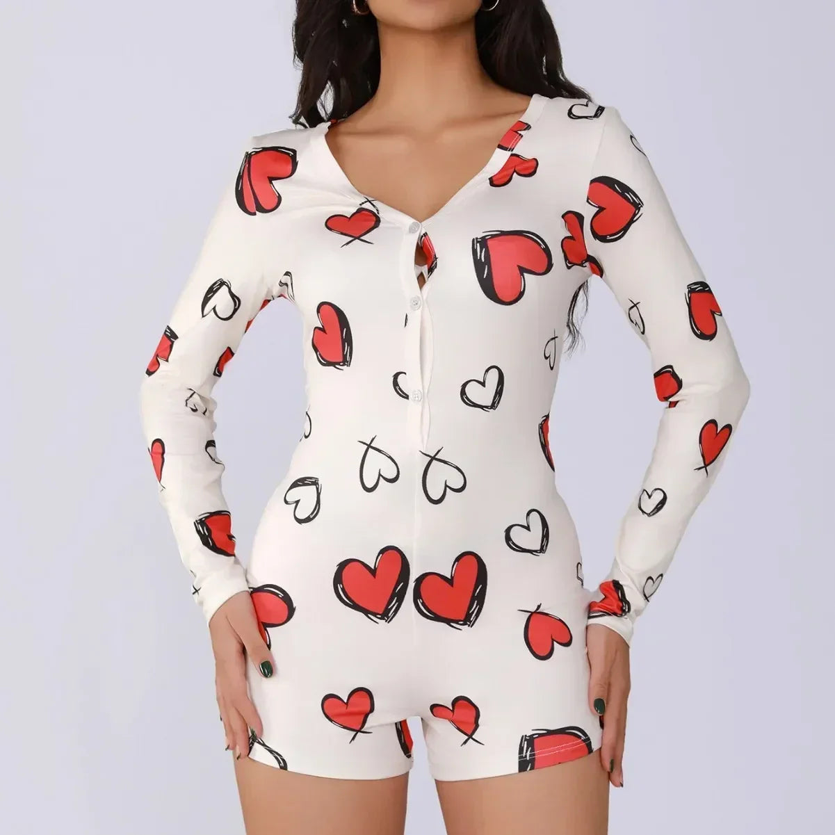 Combinaison une pièce pour femme, pyjama sexy pour fille, imprimé numérique cœur, ensemble manches courtes, short, vêtement d'intérieur