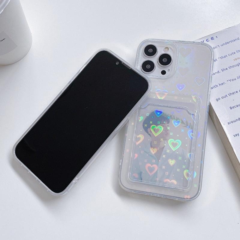 Coques de téléphone transparentes avec motif cœur mignon pour iPhone 13 14 Pro Max Simple Luxueux Amour Dégradé Silicone Étui Portefeuille Porte-Cartes Housse de protection antichoc