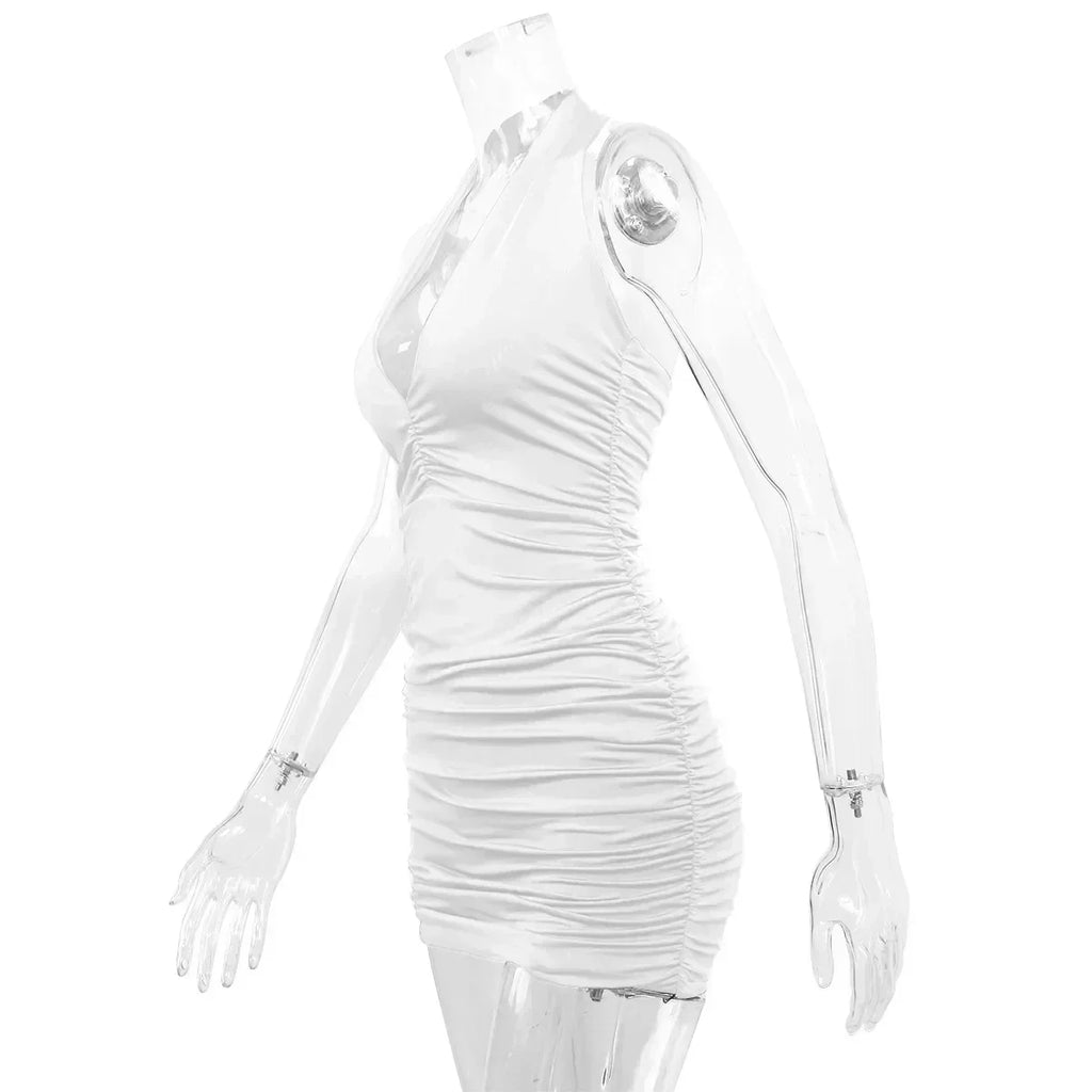 Robe courte sexy à col en V profond pour soirée, sans manches, dos nu, été 2024, blanche, licou, robe moulante pour femme, mini robe de club, tenue de club.