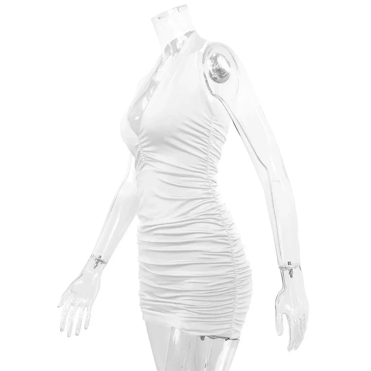 Robe courte sexy à col en V profond pour soirée, sans manches, dos nu, été 2024, blanche, licou, robe moulante pour femme, mini robe de club, tenue de club.