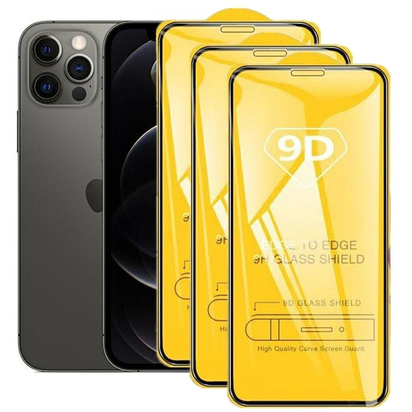 Verre de protection intégral 9D pour iPhone 12 X XS XR 6 6S 7 8 Plus Film trempé iPhone 14 11 13 Pro Max Protecteur d'écran en verre Protection incassable Installation facile Sans bulles Film protecteur transparent comme du cristal