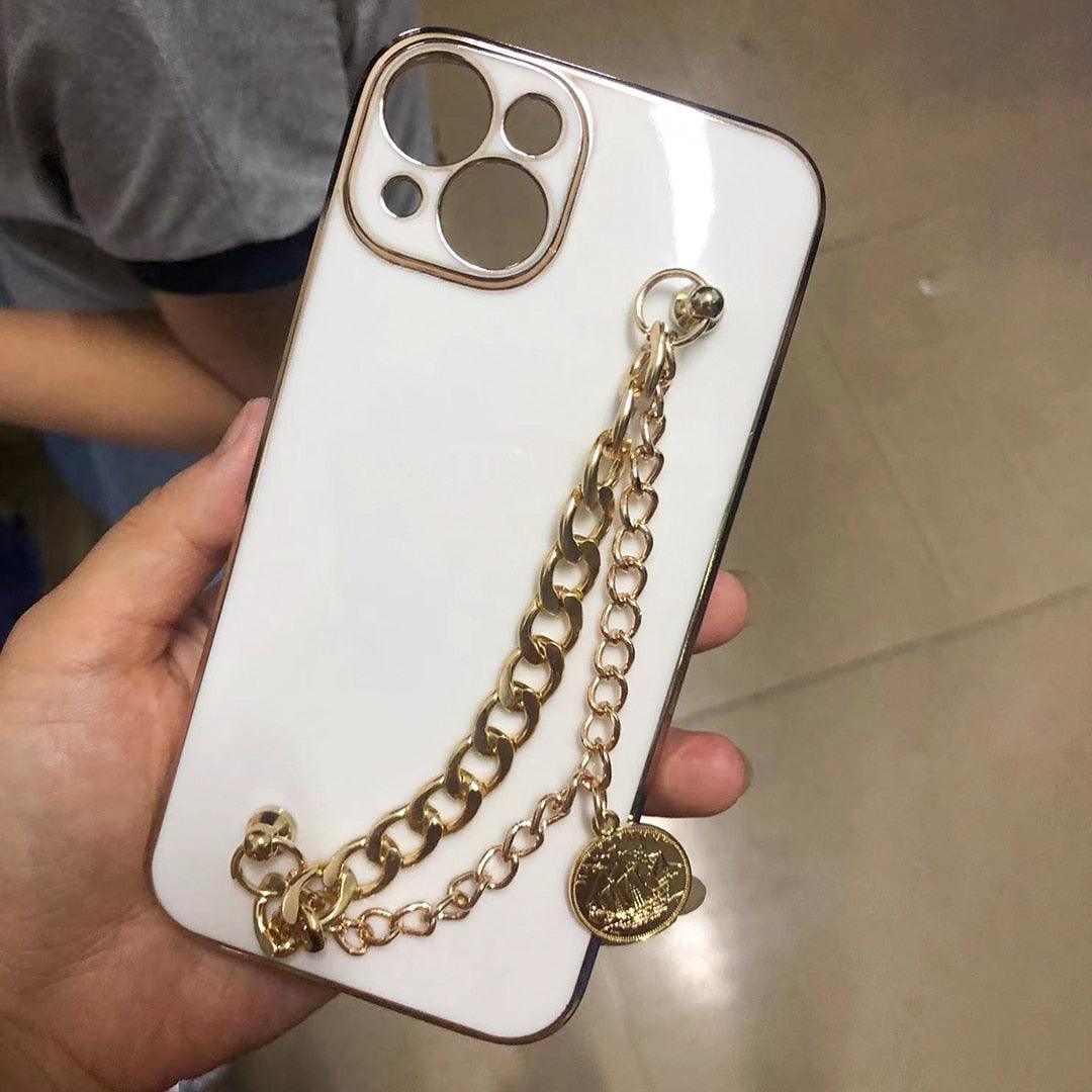 Coque de protection souple de luxe en métal doré brillant avec chaîne pour iPhone 13 12 Pro Max 14 11 Pro Max X XS XR 7 8 Plus