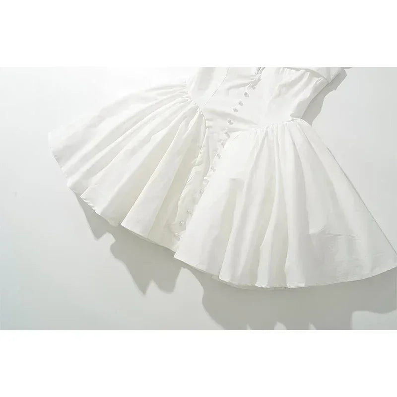 YENKYE Robe d'été blanche courte et évasée pour femme, sexy, à manches courtes, taille basse, élégante, pour soirée, demoiselles d'honneur