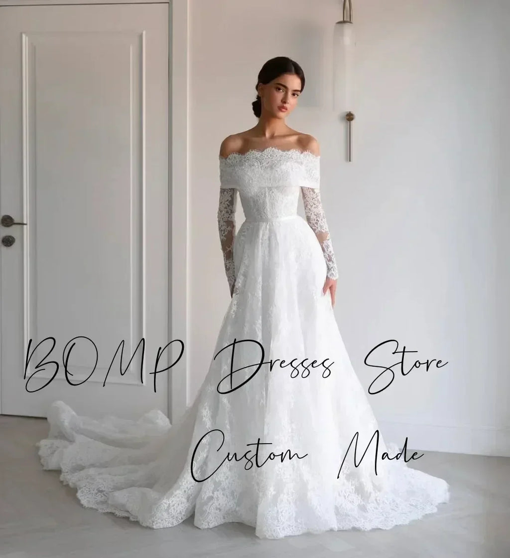 BOMP Robe de mariée élégante en dentelle Cœur Épaules dénudées Manches longues Traîne Ivoire Robe de mariée personnalisée Robe De Mariée
