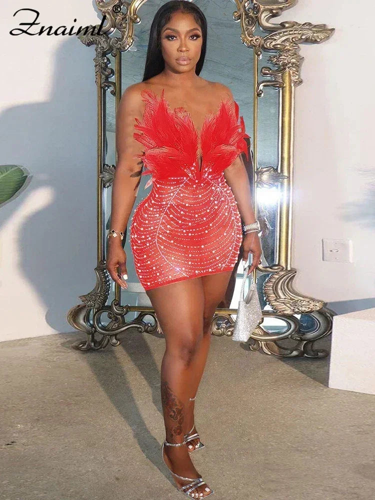 Znaiml Robes moulantes dos nu transparentes en maille diamantée avec strass et plumes sexy pour femme, boîte de nuit, fête d'anniversaire, soirée, Vestidos