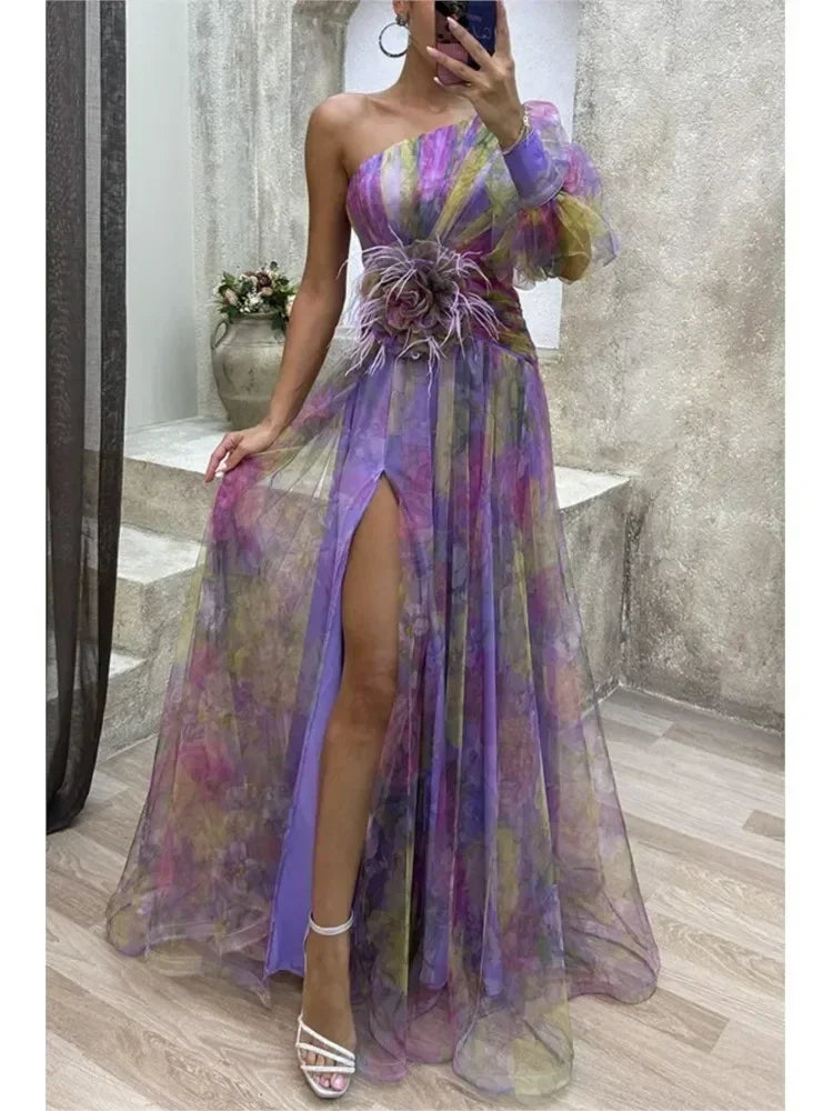 Robe longue en maille fendue haute à glissière asymétrique à épaule dénudée pour femme, robe de soirée à fleurs décoratives