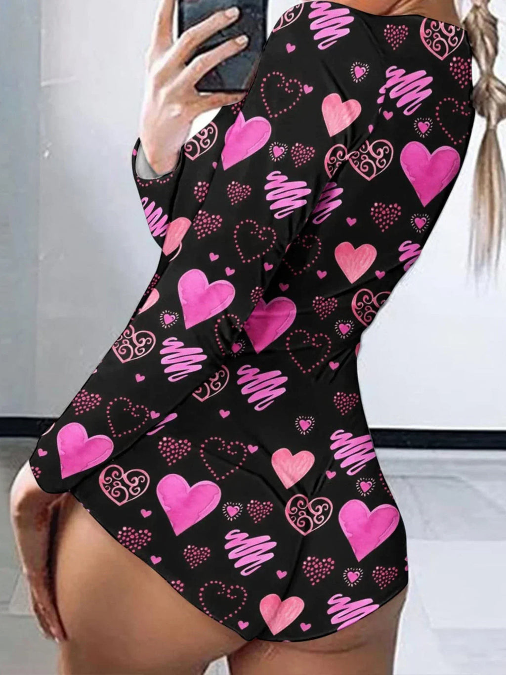 Combinaison moulante pour femme à manches longues, col en V, imprimé cœurs et lèvres, boutonnée, courte, vêtement de nuit d'intérieur pour la Saint-Valentin