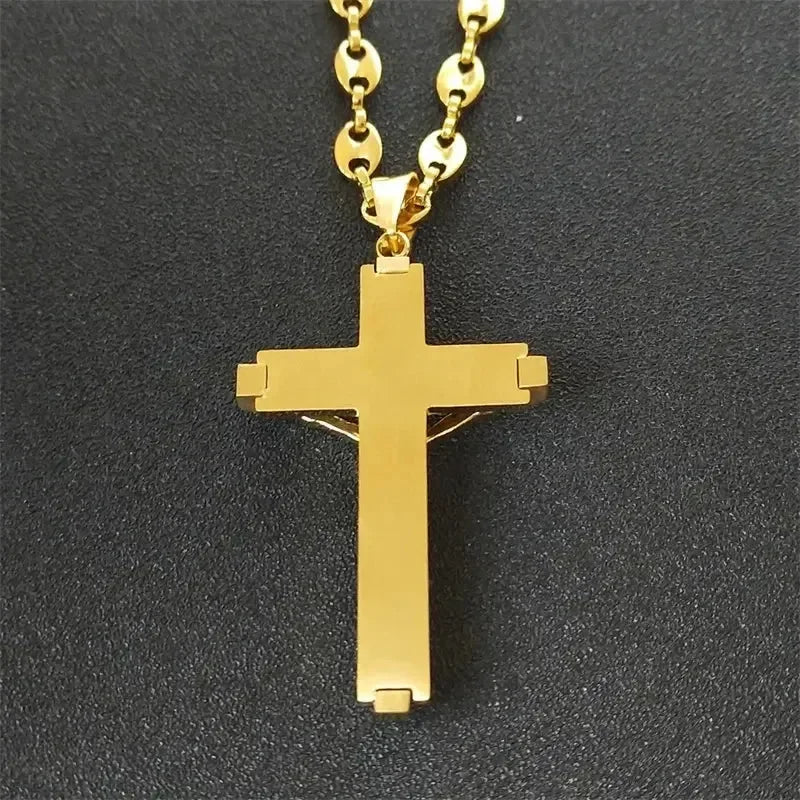 Collier pendentif croix de Jésus pour hommes en acier inoxydable couleur or, chaîne gourmette de café, bijoux chrétiens