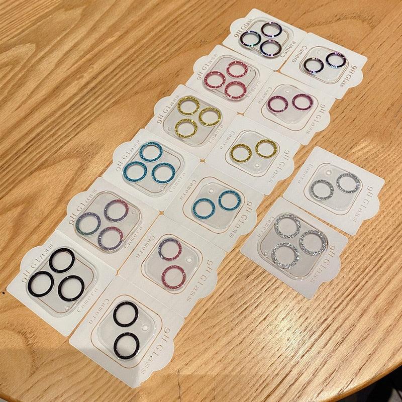 Protection d'objectif d'appareil photo pleine couverture scintillante pour iPhone 12 13 11 Pro Max Mini, cache en verre trempé 9H, autocollant d'appareil photo iPhone 11, capuchon d'objectif, anneau de protection