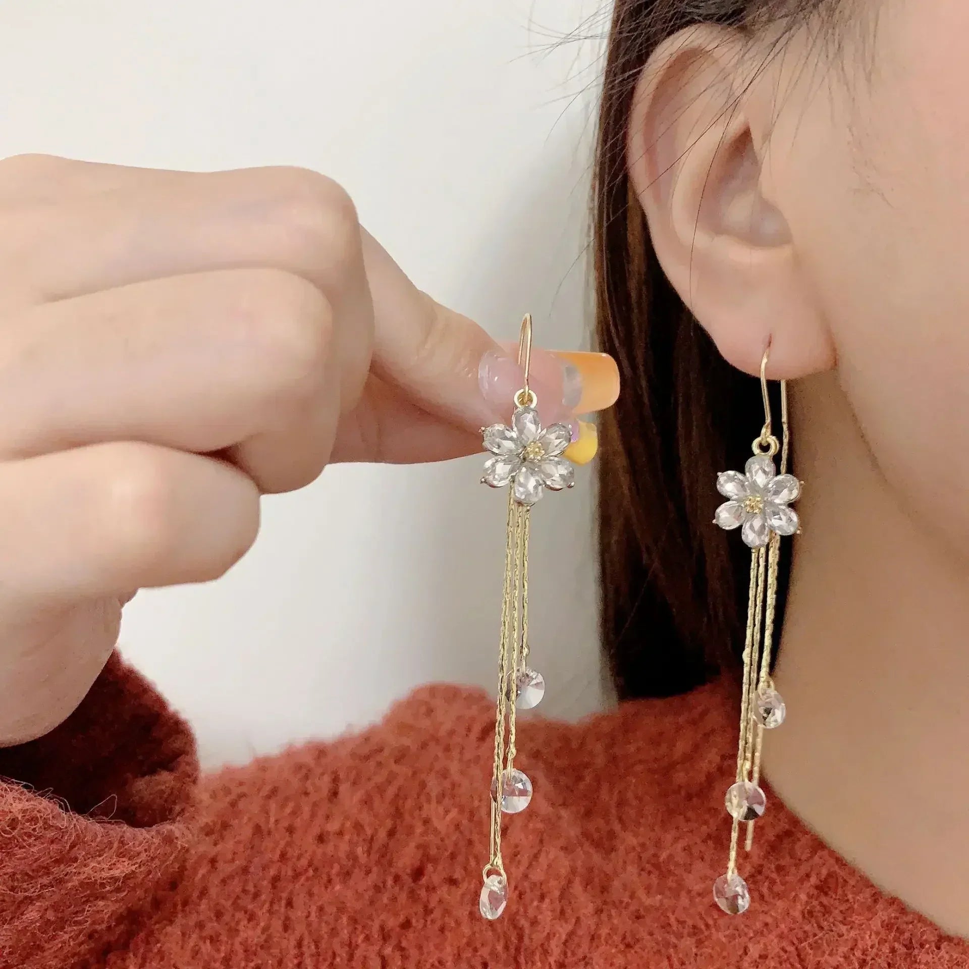Boucles d'oreilles pendantes Fleur Zircon Brillant Vert pour Femme, en Cristal de Luxe avec Long Pompon, Ligne d'oreille, Bijoux de Mariage, Cadeau pour Filles