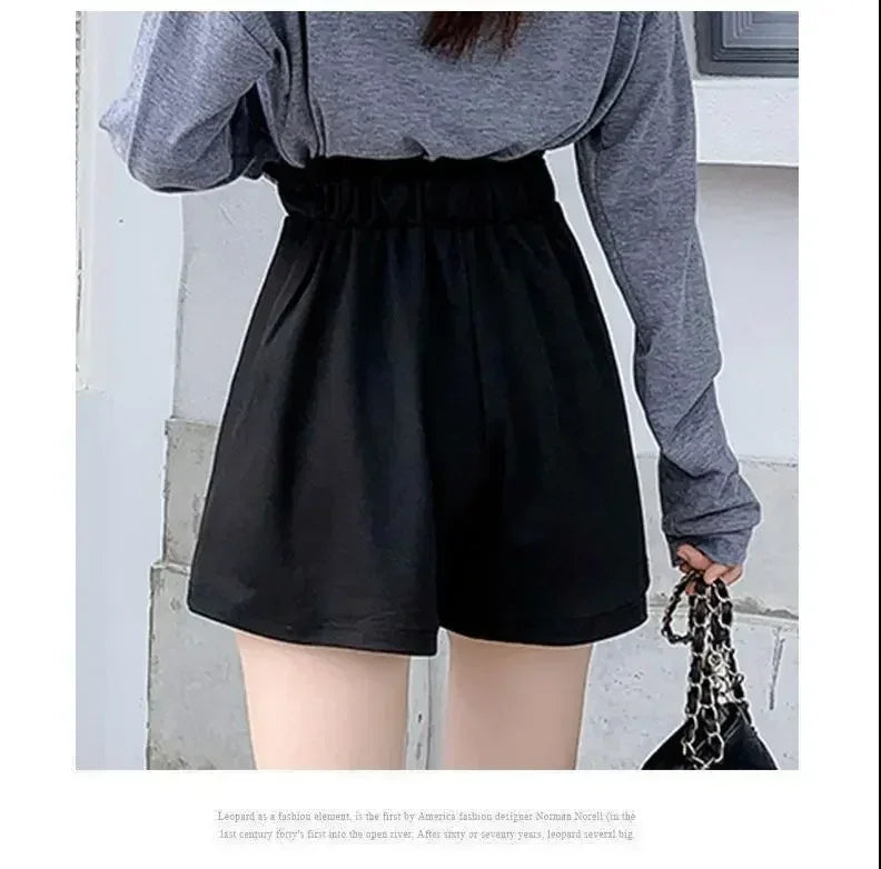 Short décontracté ample à taille haute pour femme, en tissu léger et noir, idéal pour l'été
