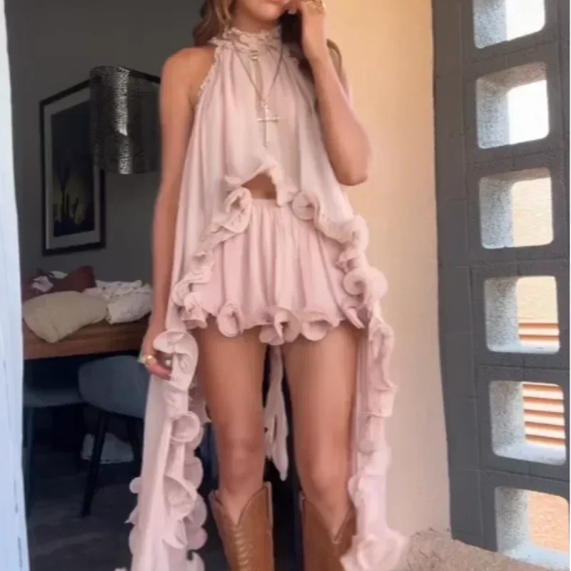 Ensemble élégant jupe courte à volants Femme Sans manches Col bénitier Top à volants irréguliers Mini-jupe courte ample Ensembles d'été 2025 Tenue Femme