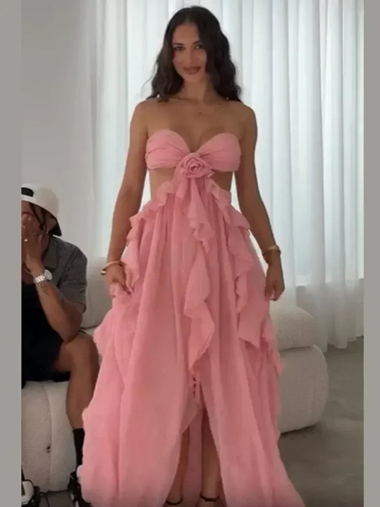 Robe longue chic printemps femme ajourée fleur 3D ourlet à volants élégante épaule dénudée dos nu Robe de soirée Street Party 2025 Nouvelle collection