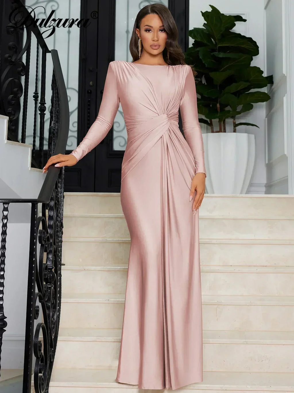 Robe longue Dulzura à manches longues et épaulettes, froncée, unie, élégante, pour bal de promo ou soirée, tenue d'automne et d'hiver pour femme