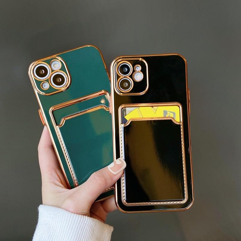 Étui de luxe plaqué en silicone avec porte-cartes pour iPhone 14 12 13 Pro Max Élégant pour femme Étui portefeuille souple antichoc Bords souples Magnifique étui pour smartphone brillant pour femme