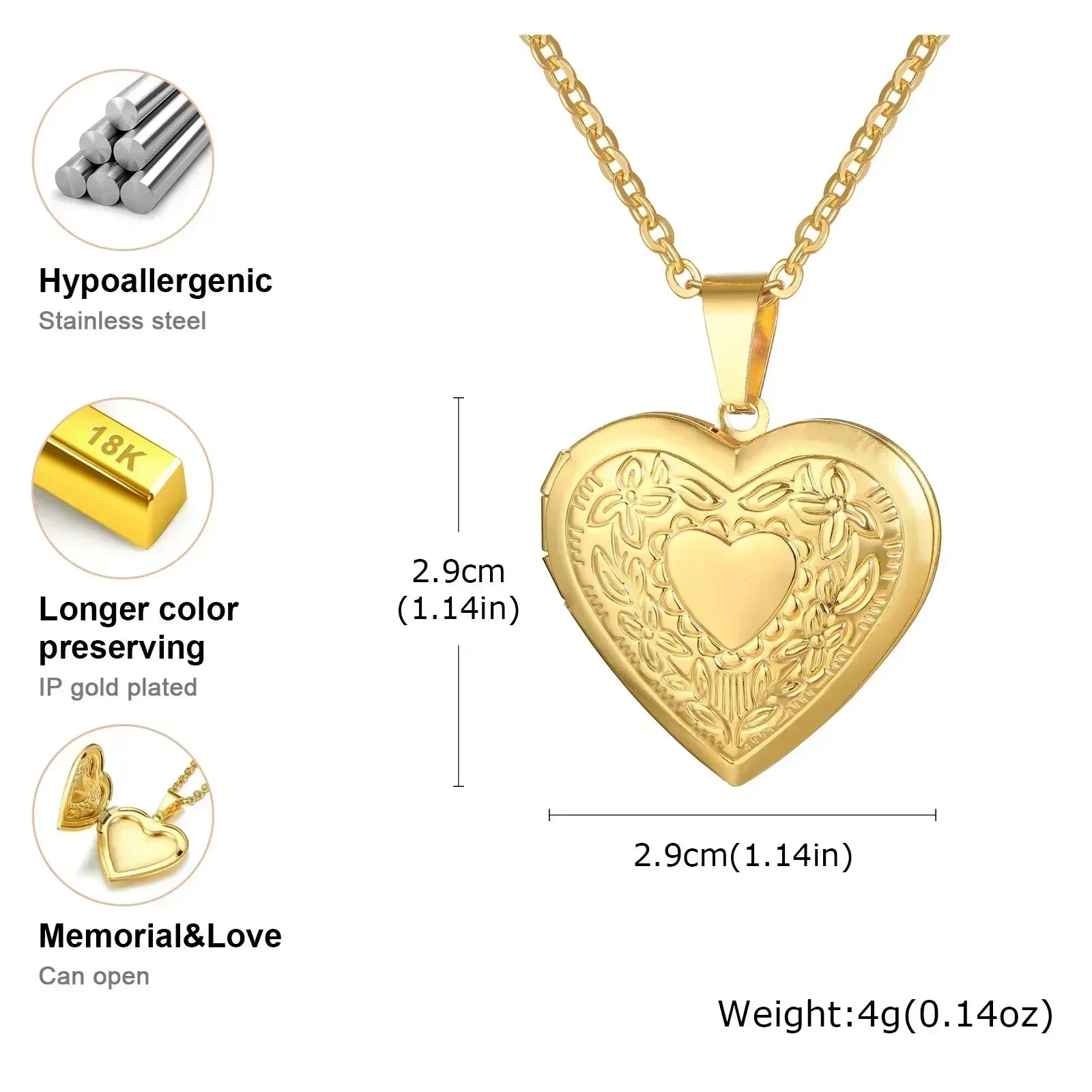 Vnox Collier pendentif en acier inoxydable avec médaillon en forme de cœur et cadre photo, design élégant plaqué or, cadeau pour femme