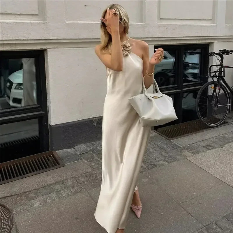 FEMME Robe Fleurie Dos Nu Femme Épaule Dénudée Satin Longue Robe Femmes Dos Nu Sexy Robes de Soirée Robes d'Été pour Femmes